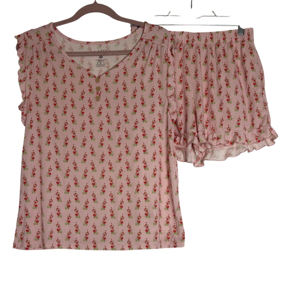 Womens Pink Floral Modal Pajama Set Ruffle Henley Top Shorts Medium Cottagecore